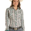 RSWSOSR199 RGH STCK WMNS TURQ & GRY PLAID SNAP LS